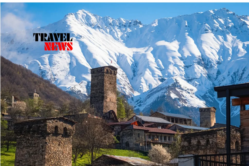 Mestia in Svaneti, Georgia, with traditional Svan towers and the Caucasus Mountains